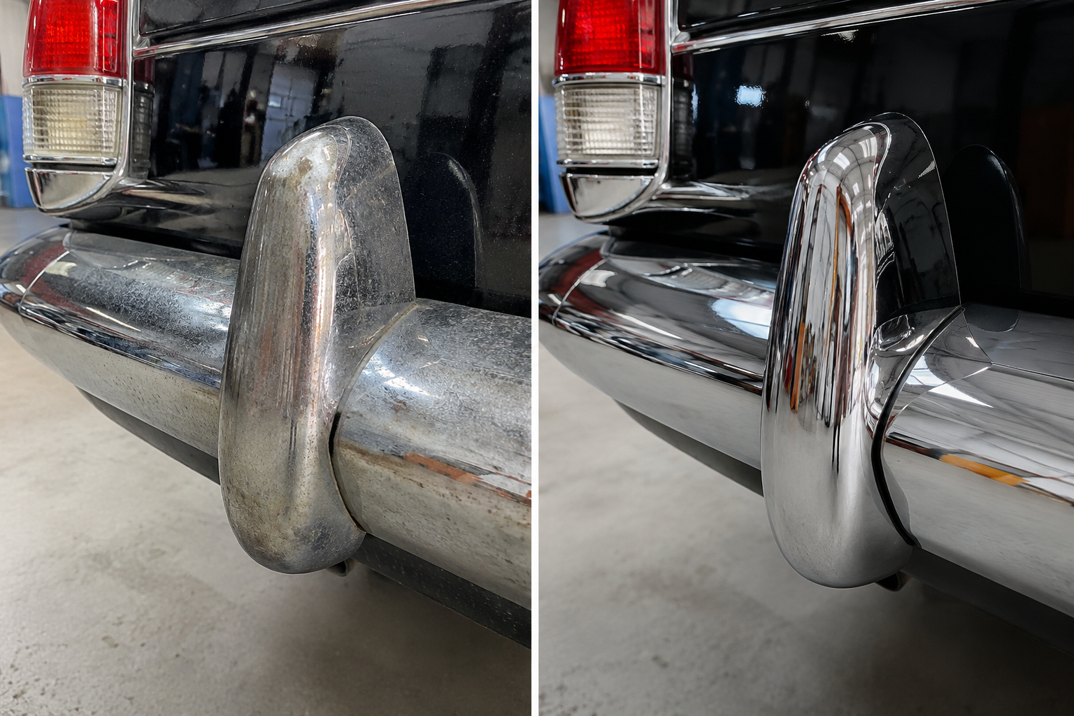 Detail chromovaného nárazníku před a po čištění