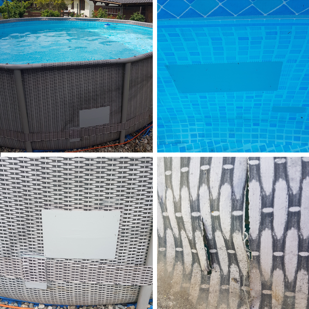 Opravná PVC náplast Förch použitá na stěně bazénu – ukázka výsledku